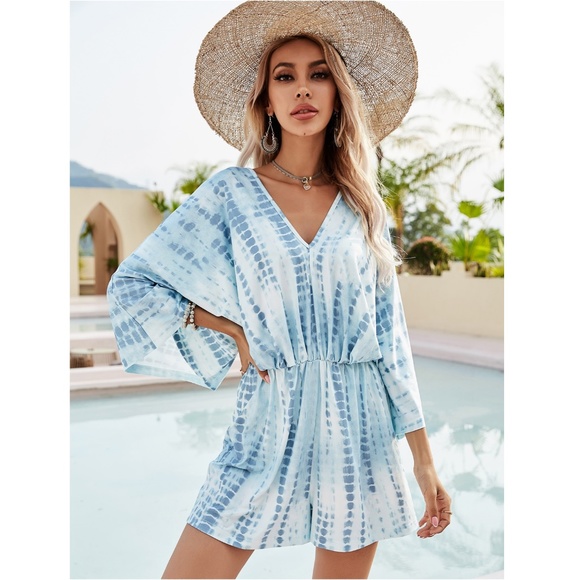 Tie Dye Blue White Loose Short Romper - Picture 4 of 6